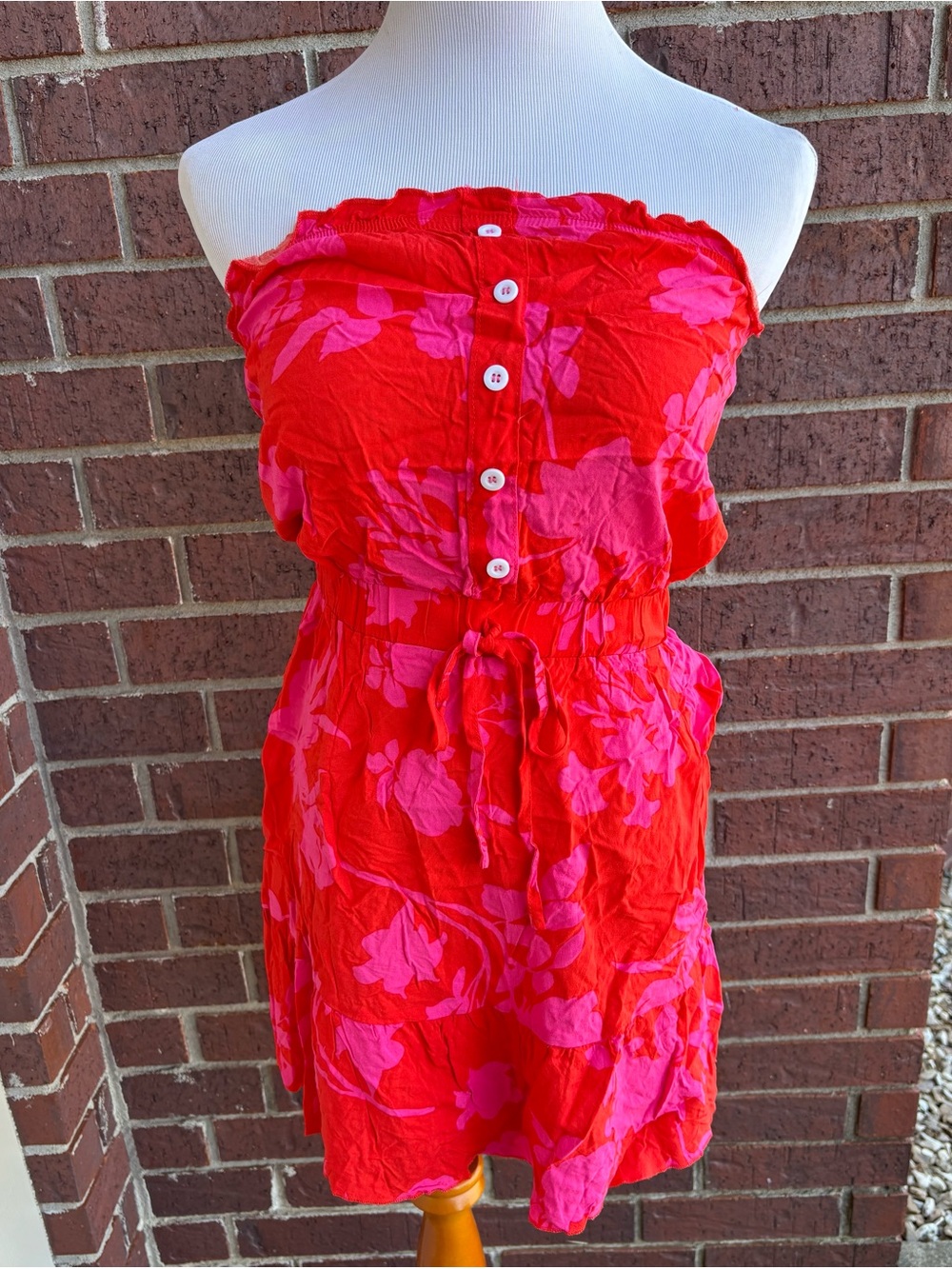 Strapless Mini Dress in Bright Red with Pink Floral